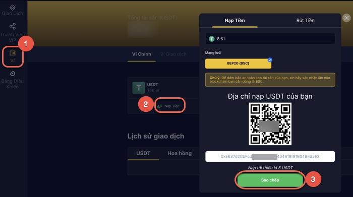 Cách lấy địa chỉ ví USDT BEP20 sàn Cronbase